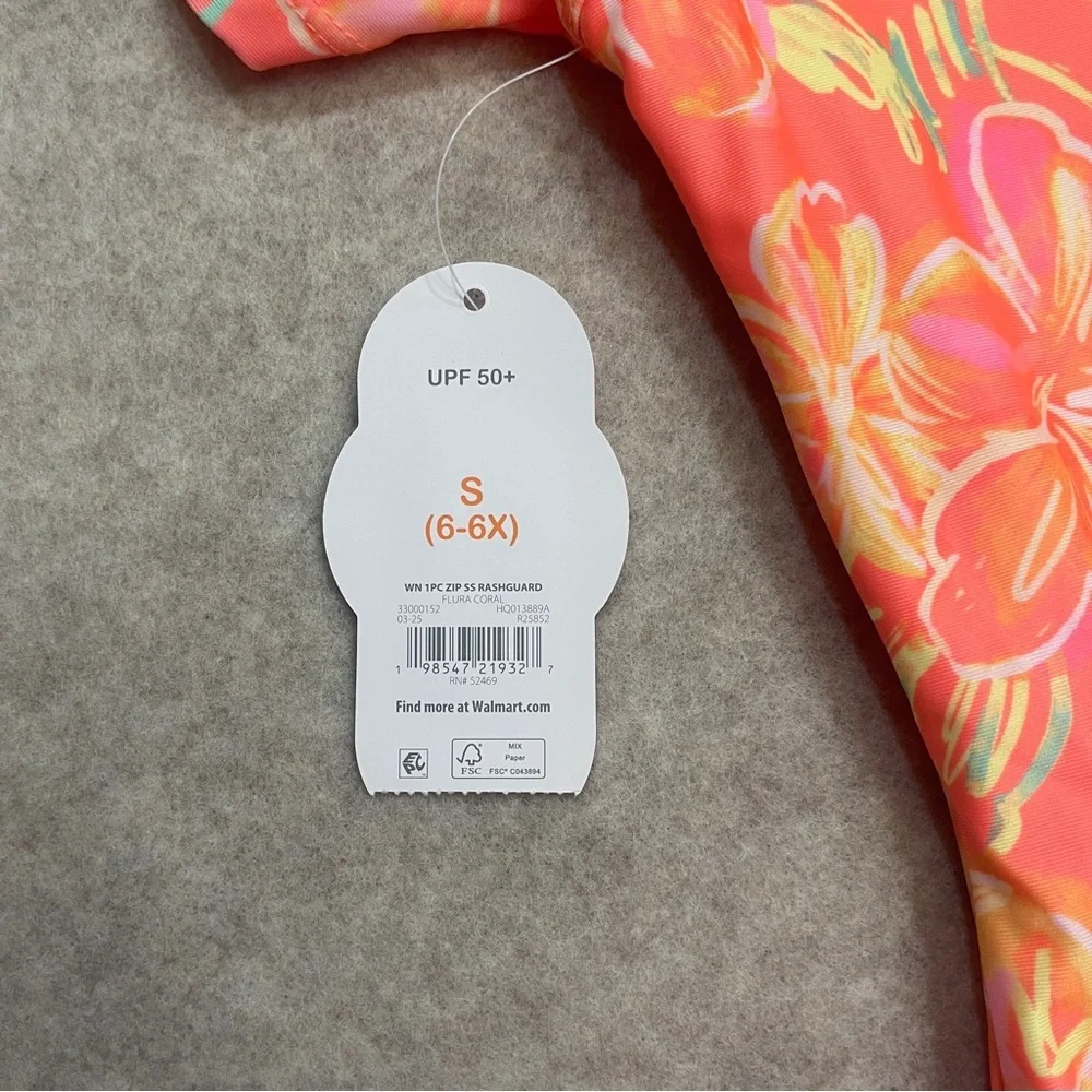 Wonder Nation Rashgaurd Orange Floral 1 Piece Swimsuit Girls size S(6-6X) New